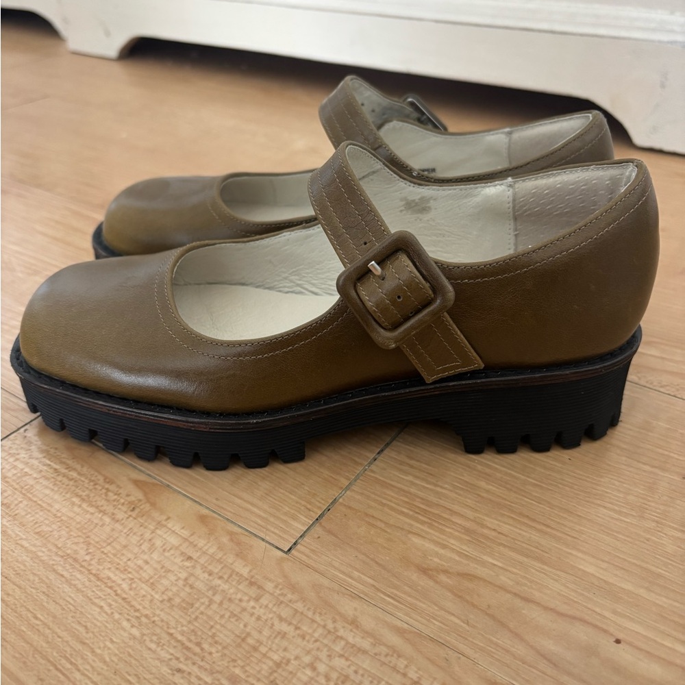 Mary Jane Platform Flats in Olive Green